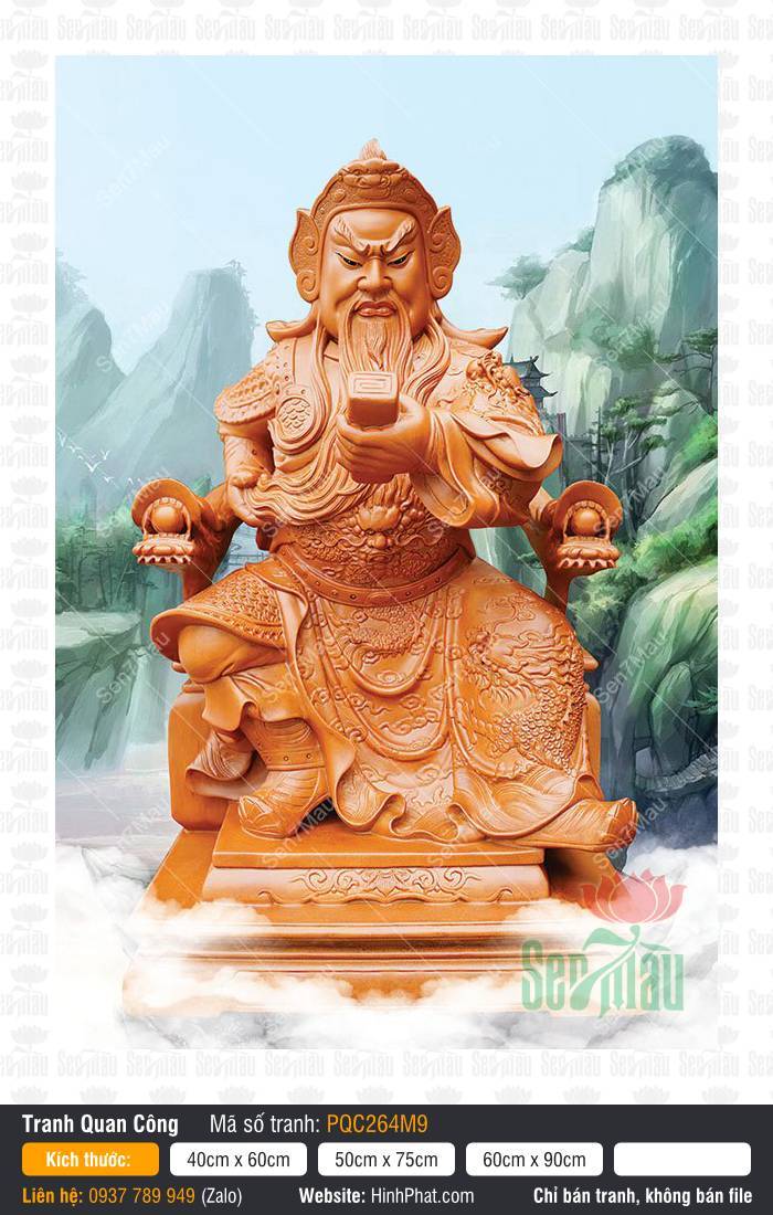 Tranh Già Lam Hộ Pháp PQC264M9 Tranh Già Lam Hộ Pháp PQC264M9, Ngài Quan Công ngồi cầm cuốn sách trên nền núi rừng