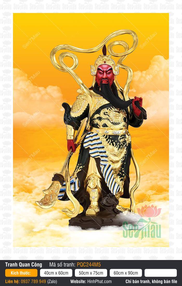 Tranh Quan Công PQC244M5 Tranh Quan Công PQC244M5 khắc họa Quan Thánh Đế Quân oai nghiêm cầm Thanh Long Yển Nguyệt Đao sắc bén
