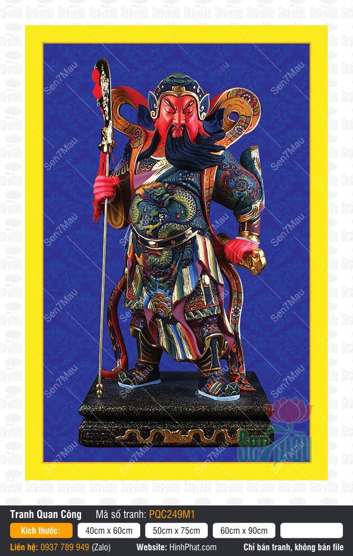 Tranh Quan Công PQC249M1 Tranh Quan Công PQC249M1 dáng đứng dũng mãnh tay cầm thanh long đao trên nền xanh