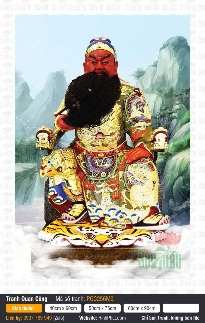 Tranh Quan Công PQC256M9 Tranh Quan Công PQC256M9 mô tả Quan Vân Trường ngồi trên da hổ giữa núi rừng hùng vĩ