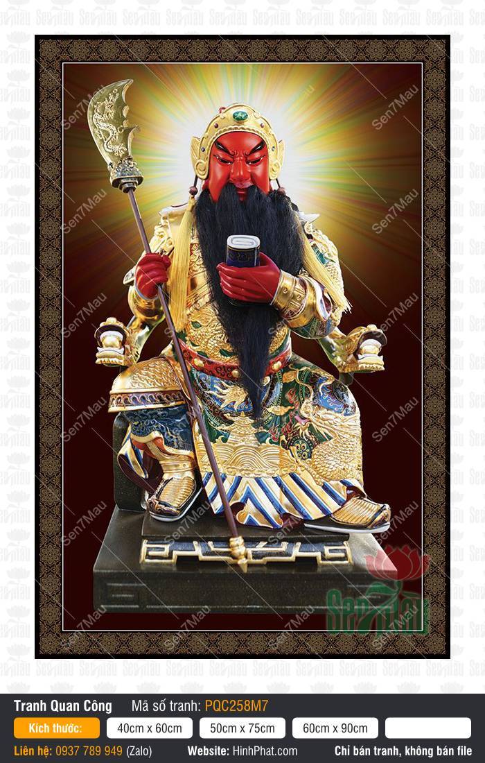 Tranh Quan Công PQC258M7 Tranh Quan Công PQC258M7 ngự bệ gỗ đọc sách giáp vàng viền hoa văn nền tối