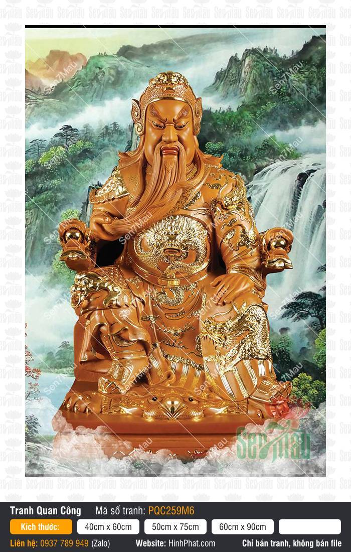 Tranh Quan Công PQC259M6 Quan Vân Trường râu dài tông màu gỗ ngồi ngai hổ sơn thủy trong Tranh Quan Công PQC259M6