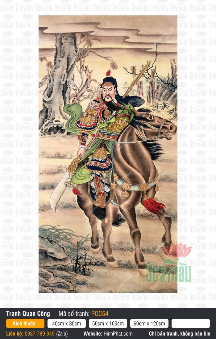 Tranh Quan Công PQC54 Tranh Quan Công PQC54 vẽ cảnh Quan Vân Trường cưỡi ngựa cầm trường đao nền tùng cổ