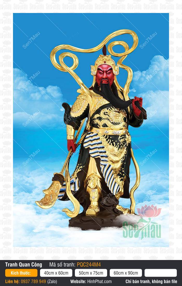 Tranh Quan Công (Quan Vân Trường) PQC244M4 Tranh Quan Công (Quan Vân Trường) PQC244M4 họa Ngài mặt đỏ mặc giáp vàng đứng trên mây