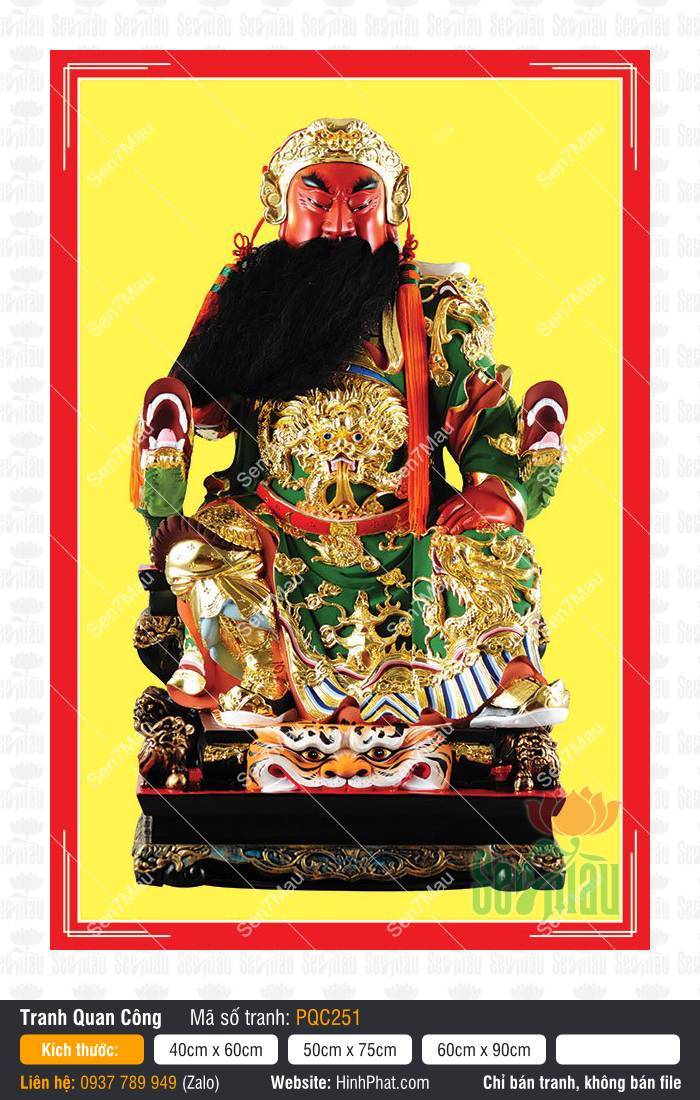 Tranh Quan Công (Quan Vân Trường) PQC251 Tranh Quan Công (Quan Vân Trường) PQC251, Ngài ngồi oai nghiêm trên thảm da hổ nền vàng