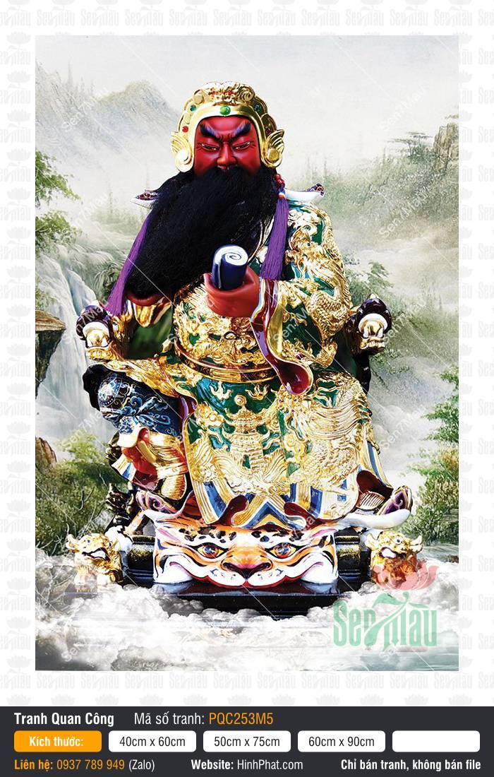 Tranh Quan Công (Quan Vân Trường) PQC253M5 Tranh Quan Công (Quan Vân Trường) PQC253M5 Quan Thánh đọc sách Xuân Thu giữa cảnh núi rừng hùng vĩ