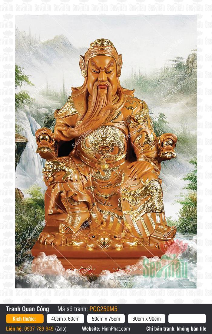 Tranh Quan Công (Quan Vân Trường) PQC259M5 Tranh Quan Công (Quan Vân Trường) PQC259M5 tông vàng đồng uy nghi trước nền cảnh sơn thủy thác nước