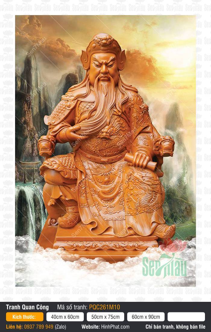 Tranh Quan Công (Quan Vân Trường) PQC261M10 Tranh Quan Công (Quan Vân Trường) PQC261M10 khắc họa Ngài ngồi đọc sách giữa cảnh núi non thác nước