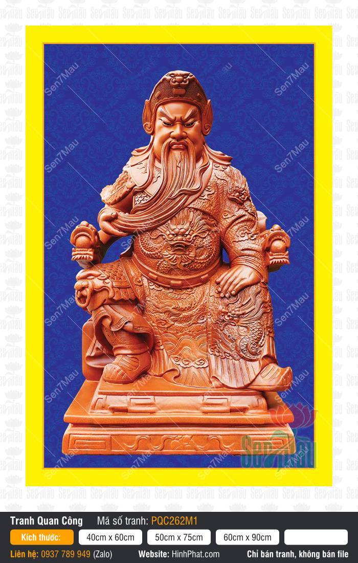 Tranh Quan Công (Quan Vân Trường) PQC262M1 Hình ảnh Tranh Quan Công (Quan Vân Trường) PQC262M1 ngồi trên ngai gỗ nền xanh đậm