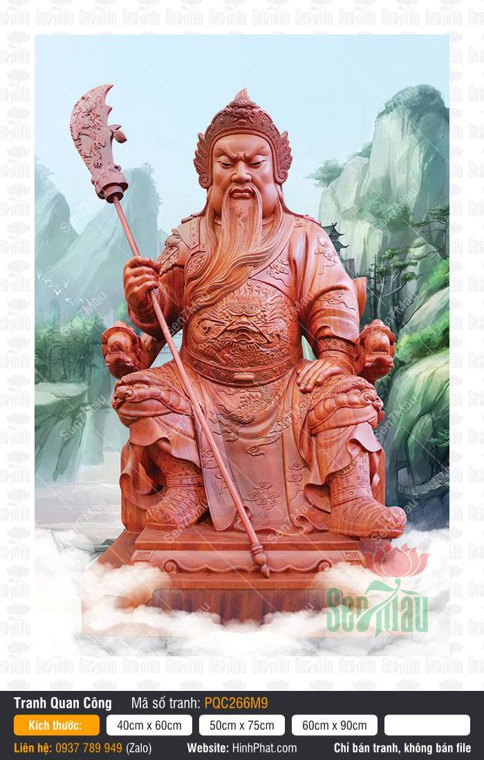 Tranh Quan Công (Quan Vân Trường) PQC266M9 Tranh Quan Công (Quan Vân Trường) PQC266M9 ngồi trên ngai rồng tay cầm đại đao sắc nâu đỏ