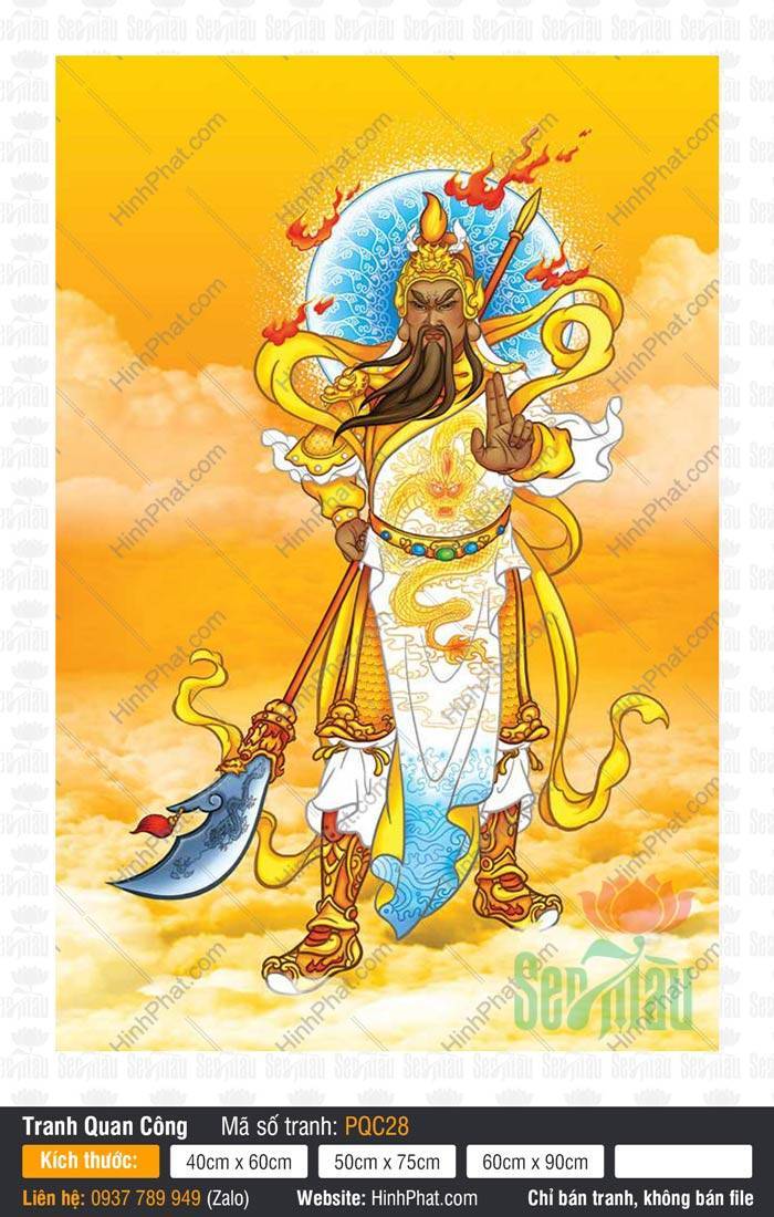 Tranh Quan Công (Quan Vân Trường) PQC28, Quan Công Tranh Quan Công (Quan Vân Trường) PQC28 vẽ ngài đứng oai dũng trên nền mây vàng rực