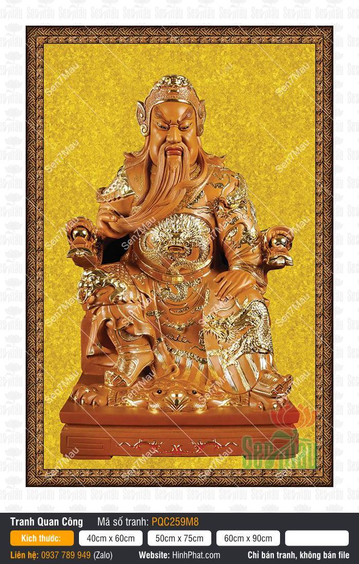 Tranh Quan Công đẹp PQC259M8 Tranh Quan Công đẹp PQC259M8 tông màu vàng đồng ngồi trên bệ hổ oai phong lẫm liệt