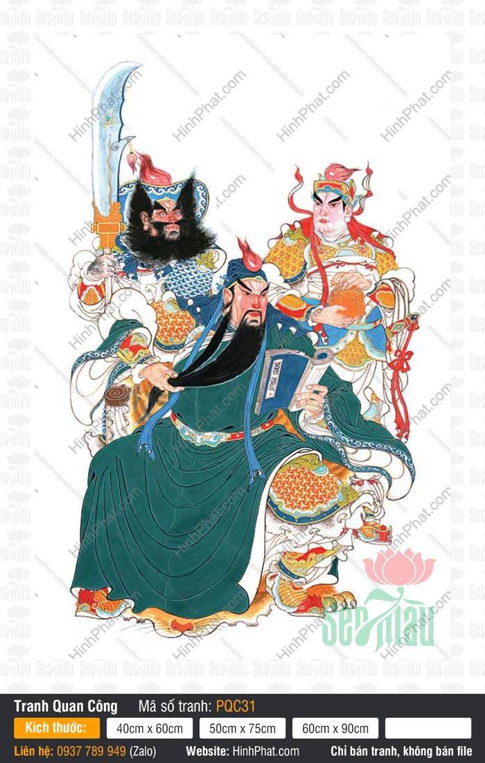 Tranh Quan Công đẹp PQC31 Tranh Quan Công đẹp PQC31 vẽ cảnh ngài ngồi đọc sách cùng Châu Thương và Quan Bình