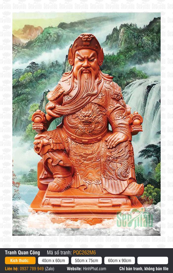 Tranh Quan Công treo tường PQC262M6 Tranh Quan Công treo tường PQC262M6 mô tả Quan Thánh ngồi trên ngai oai nghiêm màu giả gỗ giữa thiên nhiên núi rừng