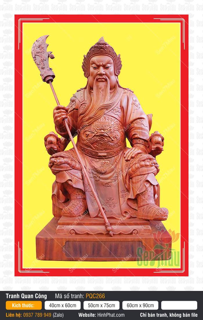 Tranh Quan Công treo tường PQC266 Bức Tranh Quan Công treo tường PQC266 cầm Thanh Long đao nền vàng rực
