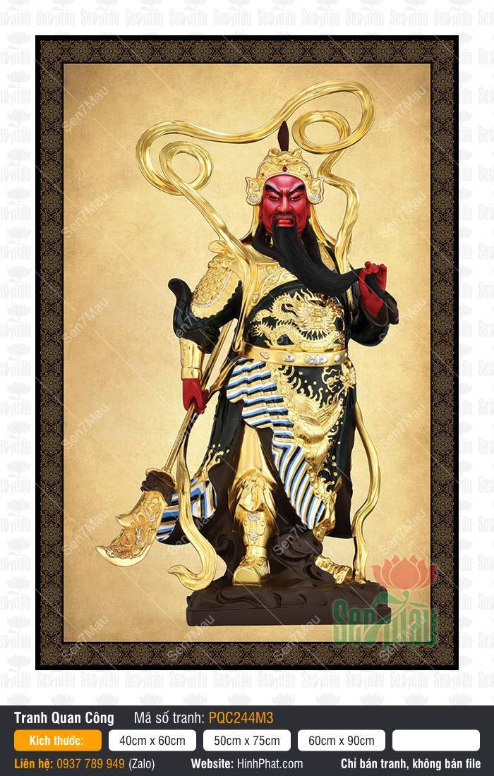 Tranh Quan Vân Trường - Tranh Quan Công PQC244M3 Tranh Quan Vân Trường - Tranh Quan Công PQC244M3 mặt đỏ oai nghiêm tay cầm Thanh Long Đao lẫm liệt