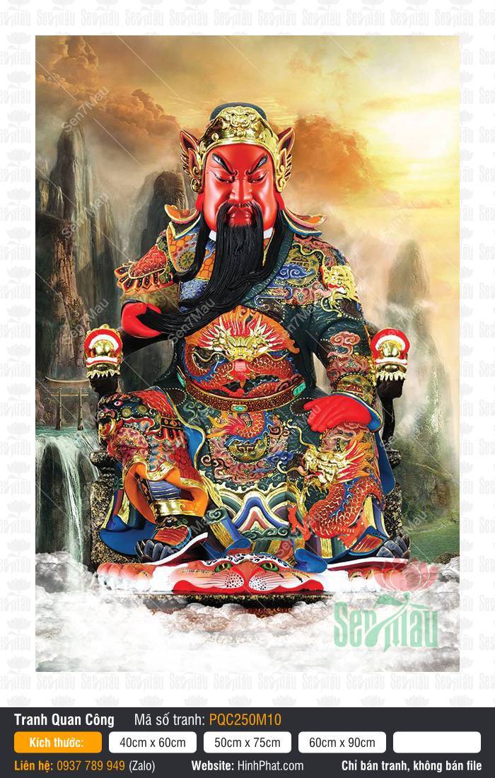 Tranh Quan Vân Trường - Tranh Quan Công PQC250M10 Tranh Quan Vân Trường - Tranh Quan Công PQC250M10 họa cảnh Ngài ngự ngai rồng giữa núi non và thác nước