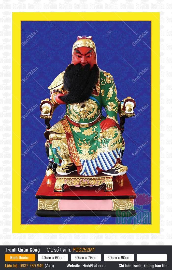 Tranh Quan Vân Trường - Tranh Quan Công PQC252M1 Tranh Quan Vân Trường - Tranh Quan Công PQC252M1, Quan Thánh mặt đỏ y xanh ngồi ngai rồng uy nghi