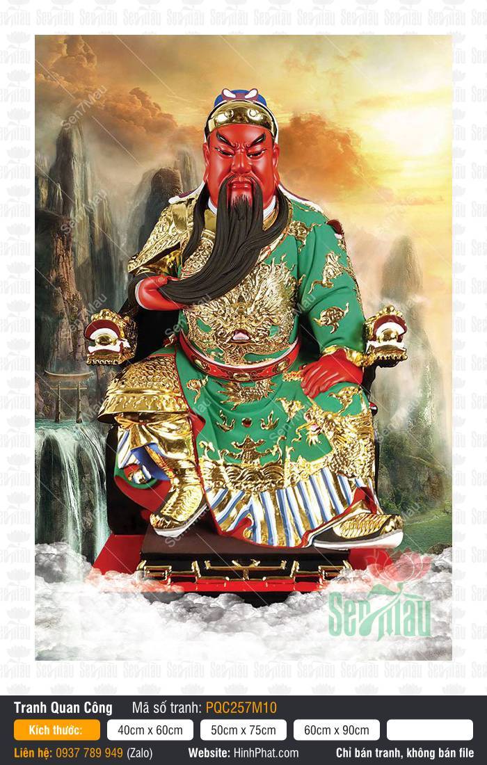 Tranh Quan Vân Trường - Tranh Quan Công PQC257M10 Tranh Quan Vân Trường PQC257M10 ngự ngai rồng giữa cảnh núi non thác nước