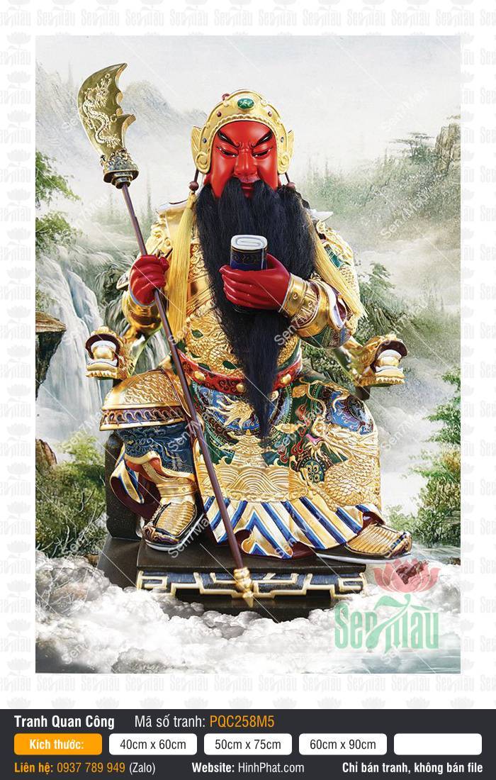 Tranh Quan Vân Trường - Tranh Quan Công PQC258M5 Bức tranh Quan Vân Trường - Tranh Quan Công PQC258M5 ngồi đọc sách cầm đao giữa thác nước