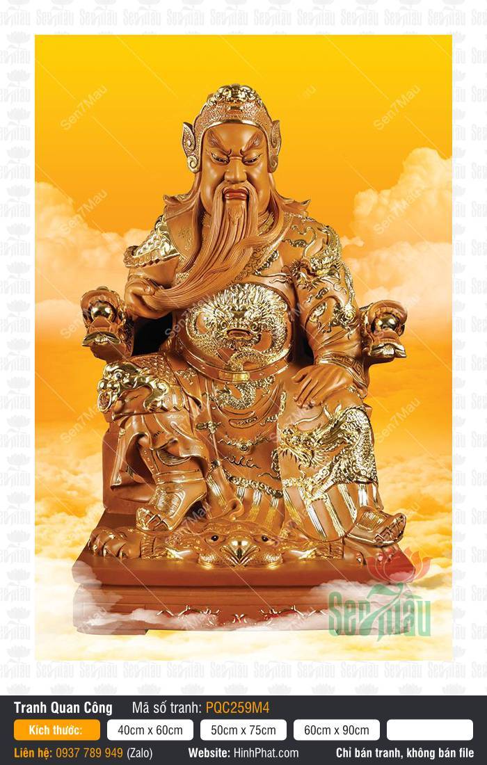Tranh Quan Vân Trường - Tranh Quan Công PQC259M4 Tranh Quan Vân Trường - Tranh Quan Công PQC259M4, Ngài ngồi uy nghi màu hổ phách trên nền vàng