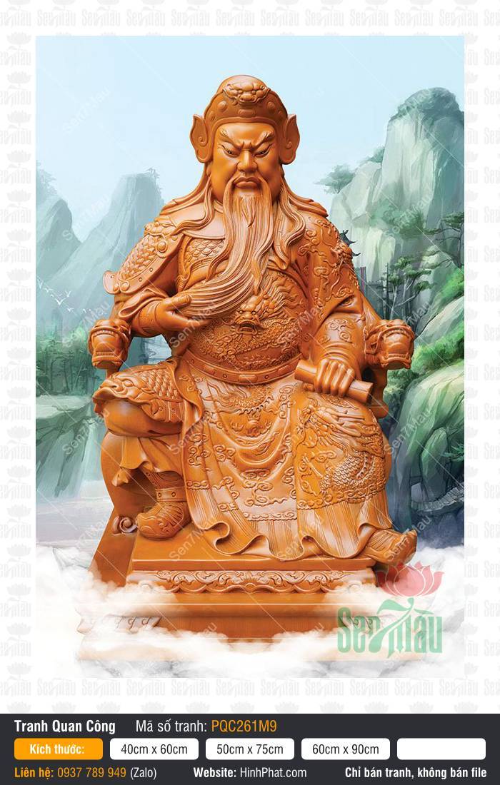 Tranh Quan Vân Trường - Tranh Quan Công PQC261M9 Tranh Quan Vân Trường - Tranh Quan Công PQC261M9 ngự tọa đọc sách giữa cảnh núi rừng mờ ảo