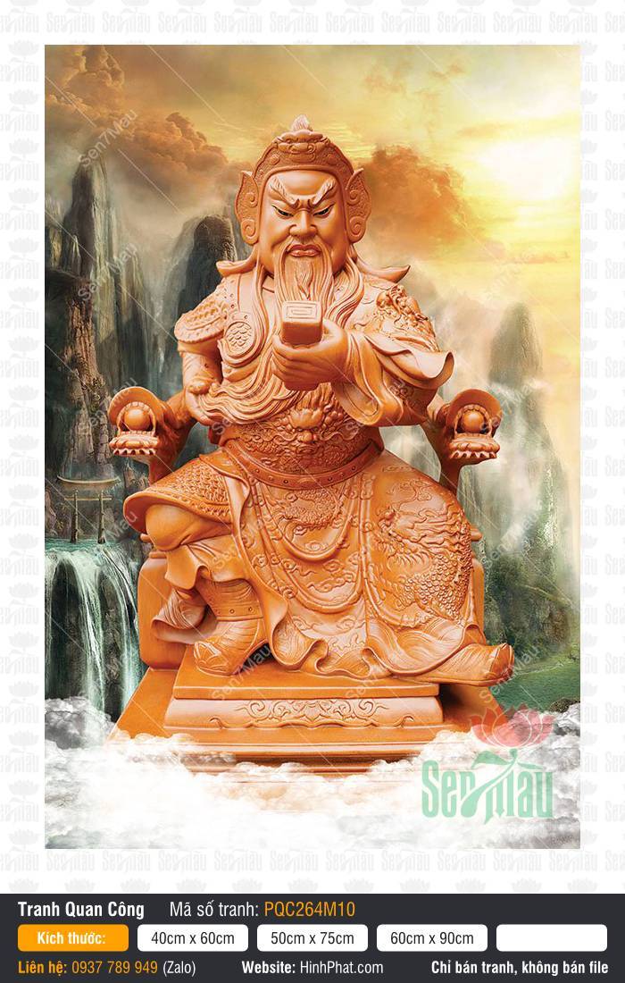 Tranh Quan Vân Trường - Tranh Quan Công PQC264M10 Tranh Quan Vân Trường - Tranh Quan Công PQC264M10, Ngài ngồi đọc sách Xuân Thu bên thác nước