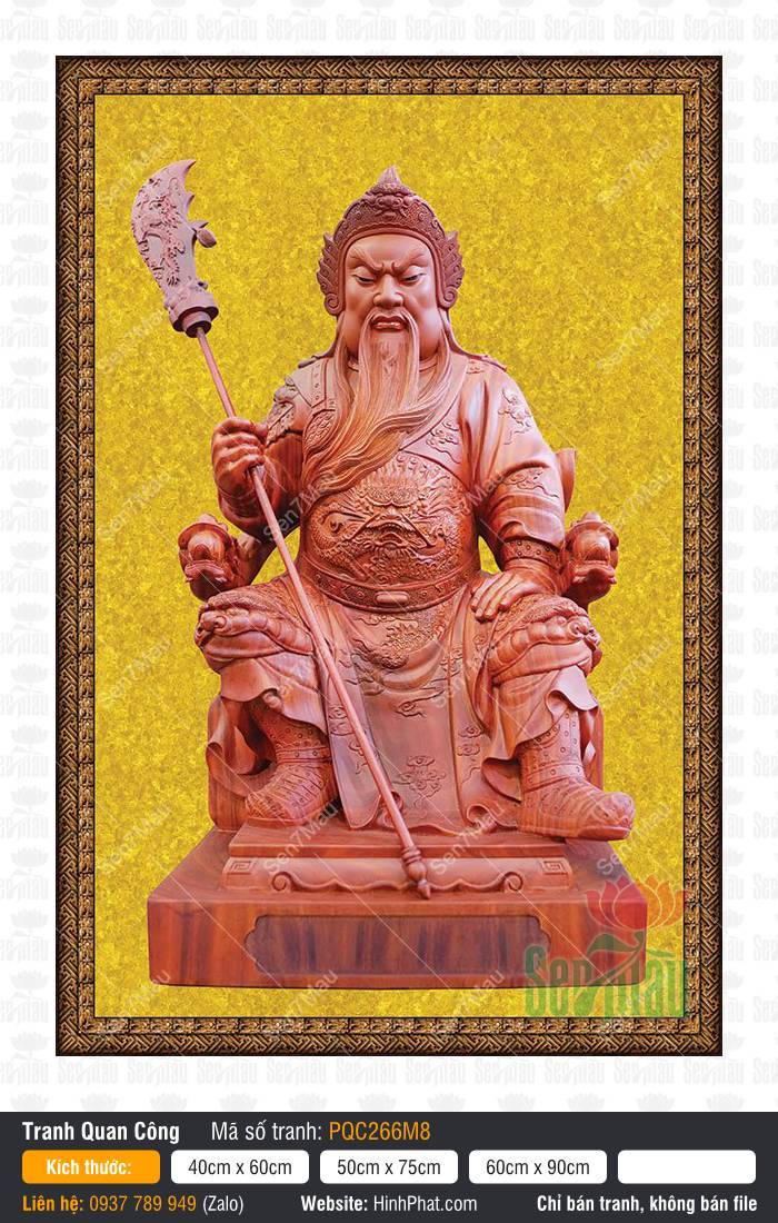 Tranh Quan Vân Trường - Tranh Quan Công PQC266M8 Hình ảnh Tranh Quan Vân Trường - Tranh Quan Công PQC266M8 ngồi trên ngai gỗ tay cầm đao