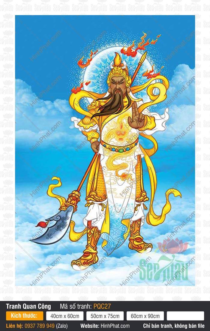 Tranh Quan Vân Trường - Tranh Quan Công PQC27 Tranh Quan Vân Trường - Tranh Quan Công PQC27 đứng cầm đại đao giữa nền trời mây xanh