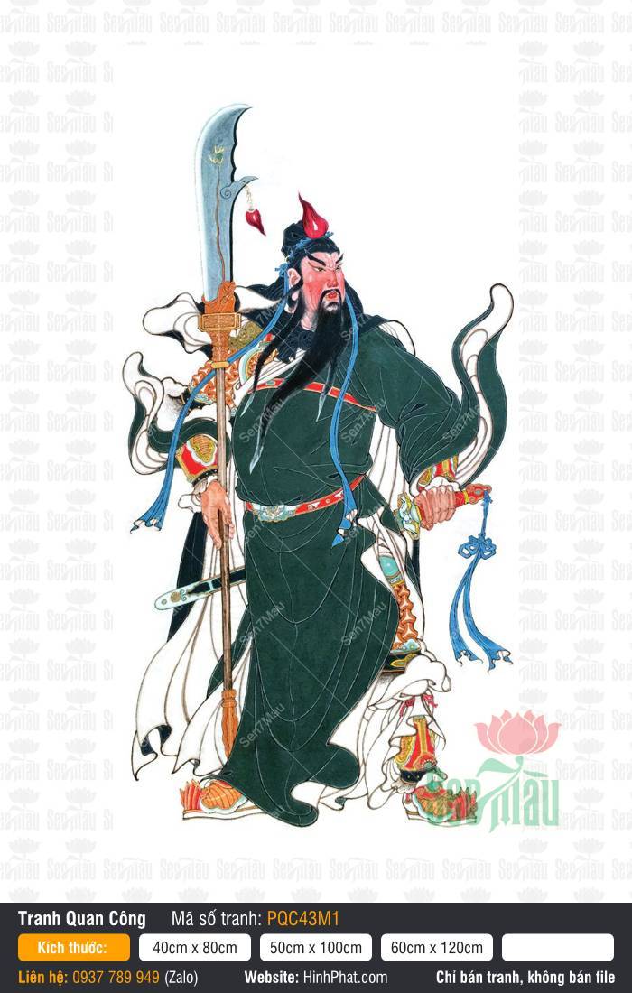 Tranh Thờ Quan Công PQC43M1 Tranh Thờ Quan Công PQC43M1 vẽ ngài Quan Vân Trường đứng cầm trường đao trên nền trắng