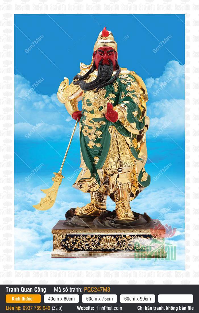 Tranh thờ Quan Công PQC247M3 Tranh thờ Quan Công PQC247M3 Ngài mặc chiến bào xanh thêu rồng đứng giữa bầu trời mây xanh