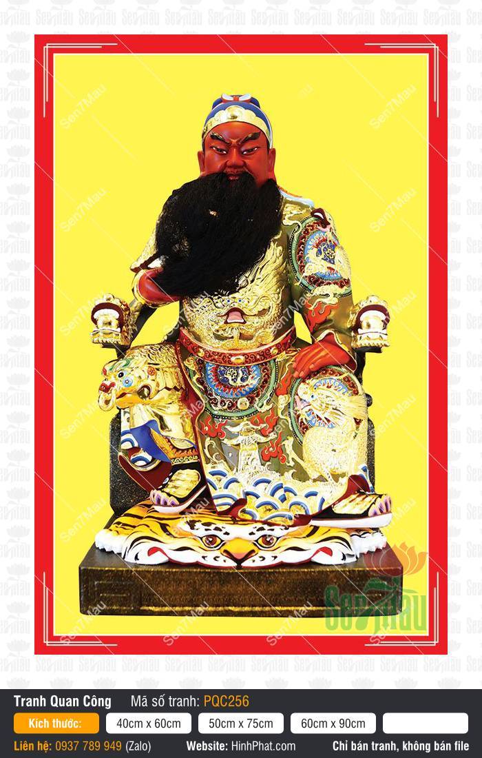 Tranh thờ Quan Công PQC256 Tranh thờ Quan Công PQC256 khắc họa Ngài Quan Thánh mặt đỏ ngồi ngai da hổ oai dũng