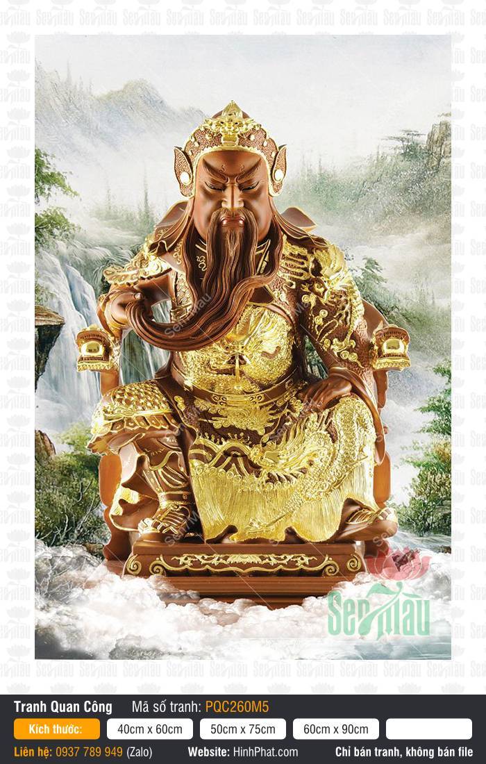 Tranh thờ Quan Công PQC260M5 Tranh thờ Quan Công PQC260M5 với bộ giáp vàng kim rực rỡ trên nền cảnh núi non thác nước
