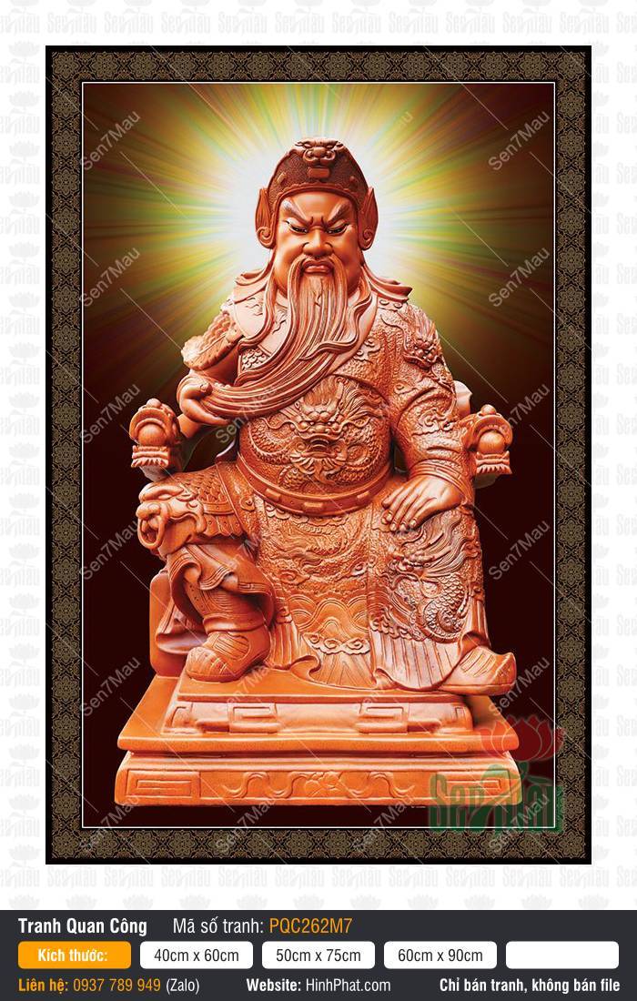 Tranh thờ Quan Công PQC262M7 Tranh thờ Quan Công PQC262M7 miêu tả Quan Thánh Đế Quân ngồi ngai rồng có hào quang và viền hoa văn