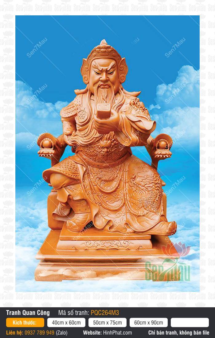 Tranh thờ Quan Công PQC264M3 Tranh thờ Quan Công PQC264M3, Ngài Quan Vân Trường cầm ấn tín giả vân gỗ nền trời