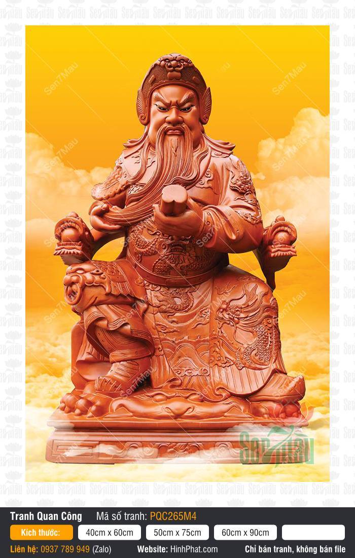 Tranh thờ Quan Công PQC265M4 Tranh thờ Quan Công PQC265M4 Ngài ngồi đọc sách trên ngai rồng sắc nâu đỏ nền vàng