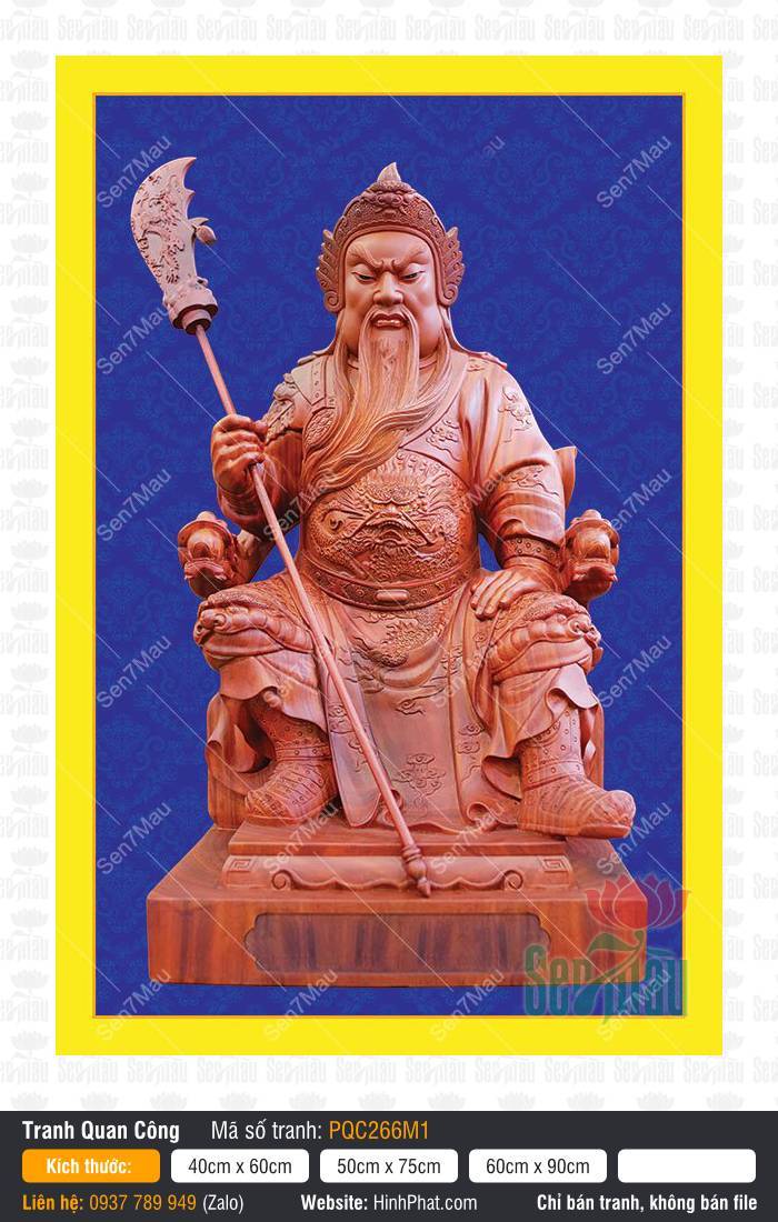 Tranh thờ Quan Công PQC266M1 Tranh thờ Quan Công PQC266M1 ngự bệ tay cầm đao vuốt râu dài uy nghiêm