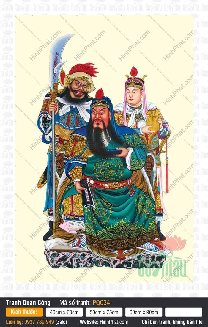 Tranh thờ Quan Công PQC34 Tranh thờ Quan Công PQC34 họa Quan Vân Trường ngồi ngai da hổ oai dũng
