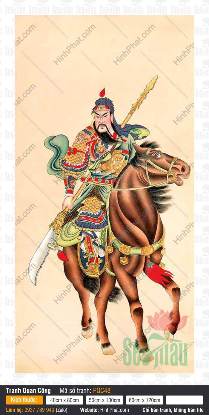 Tranh thờ Quan Công PQC48 Tranh thờ Quan Công PQC48 hình ảnh Quan Vân Trường cưỡi ngựa cầm đao oai nghiêm trầm mặc