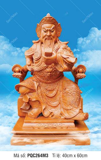 Tranh thờ Quan Công PQC264M3, Ngài cầm ấn tín trên nền trời xanh