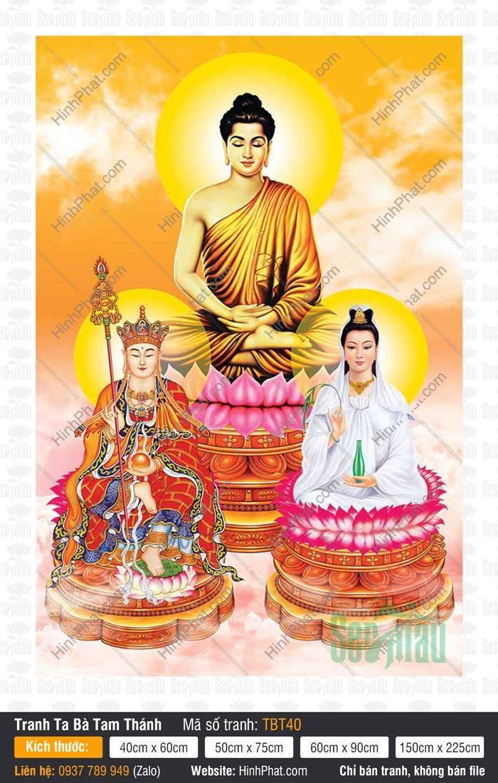 Hình Sa Bà Tam Thánh TBT40 Hình Sa Bà Tam Thánh TBT40 phác họa bố cục tam giác trang nghiêm giữa mây trời