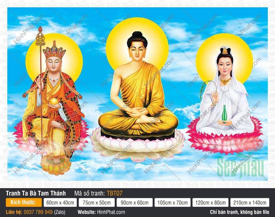Hình Sa Bà Tam Thánh TBT07 Hình Sa Bà Tam Thánh TBT07 khắc họa ba vị Đức Phật ngự trên đài sen mây xanh