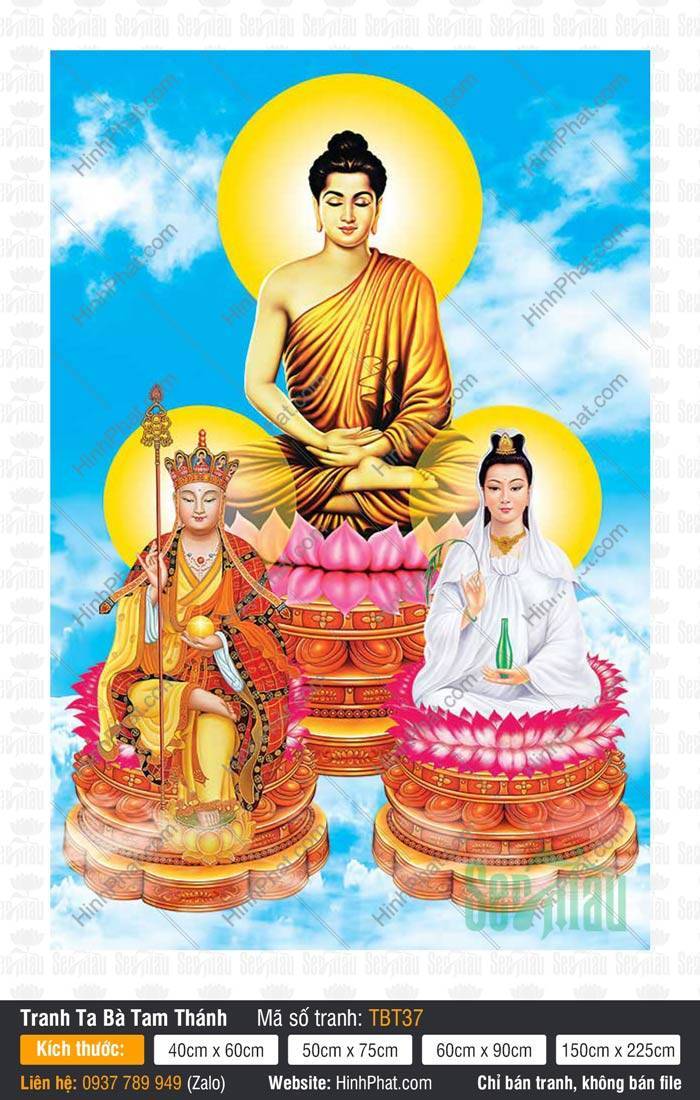 Hình Sa Bà Tam Thánh TBT37 Hình Sa Bà Tam Thánh TBT37 phác họa ba vị Đức Phật ngự tòa sen nền trời mây xanh