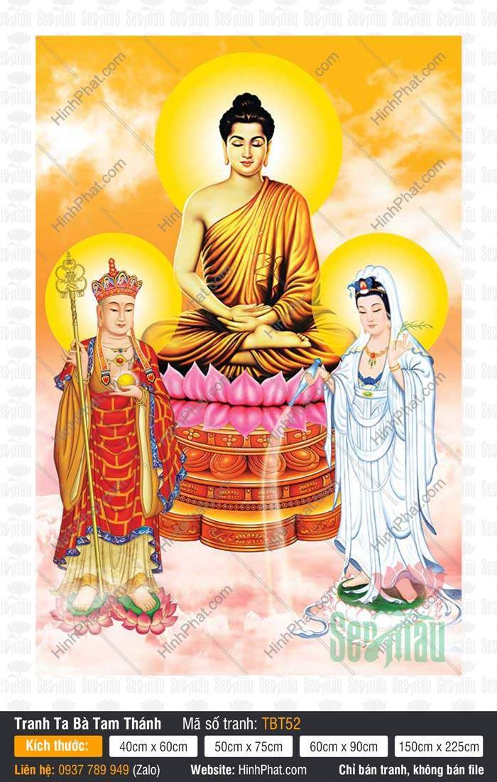 Hình Sa Bà Tam Thánh TBT52 Hình Sa Bà Tam Thánh TBT52 họa ba vị tôn túc ngự trên đài sen hồng