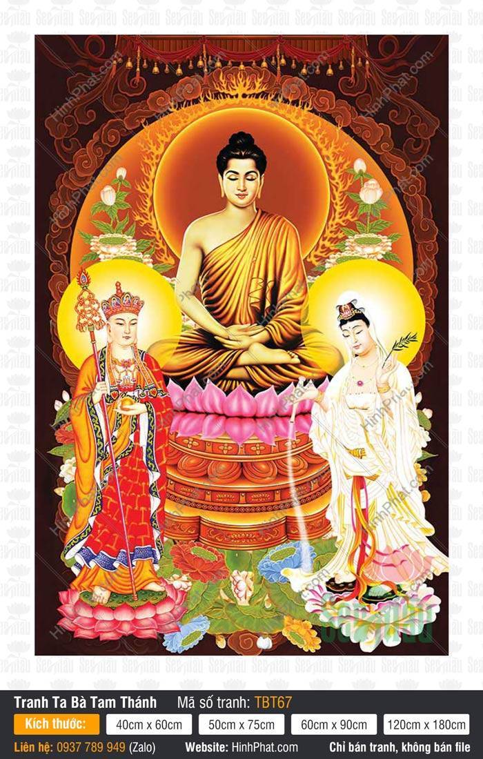 Hình Sa Bà Tam Thánh TBT67 Hình Sa Bà Tam Thánh TBT67 bích họa ba vị thánh ngự sen hồng viền khung cổ kính