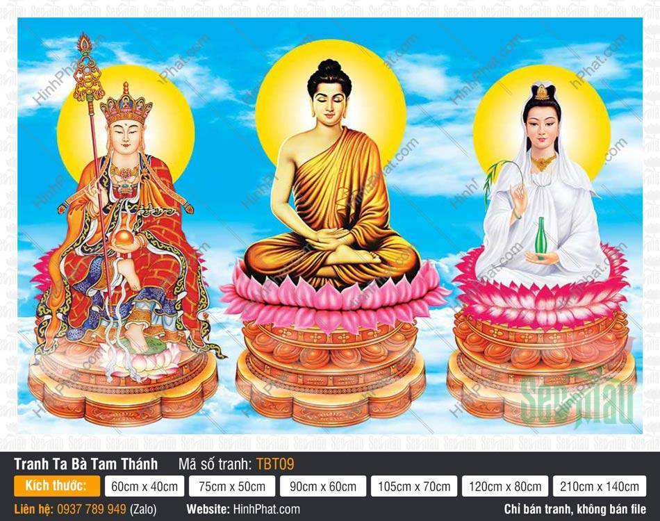Hình Ta Bà Tam Thánh TBT09 Hình Ta Bà Tam Thánh TBT09 ba Ngài tọa đài sen hồng nền trời mây