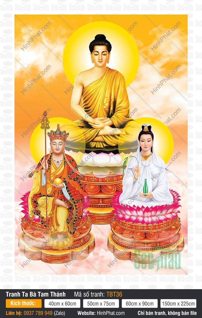 Hình Ta Bà Tam Thánh TBT36, Sa Bà Tam Thánh Hình Ta Bà Tam Thánh TBT36 ba vị ngự tầng bậc trên nền vàng