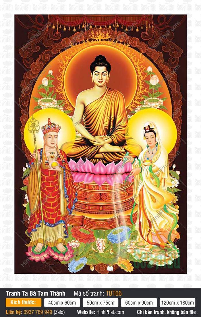 Hình Ta Bà Tam Thánh TBT66 Hình Ta Bà Tam Thánh TBT66 nền nâu trầm họa tiết rèm cổ điển trang nghiêm