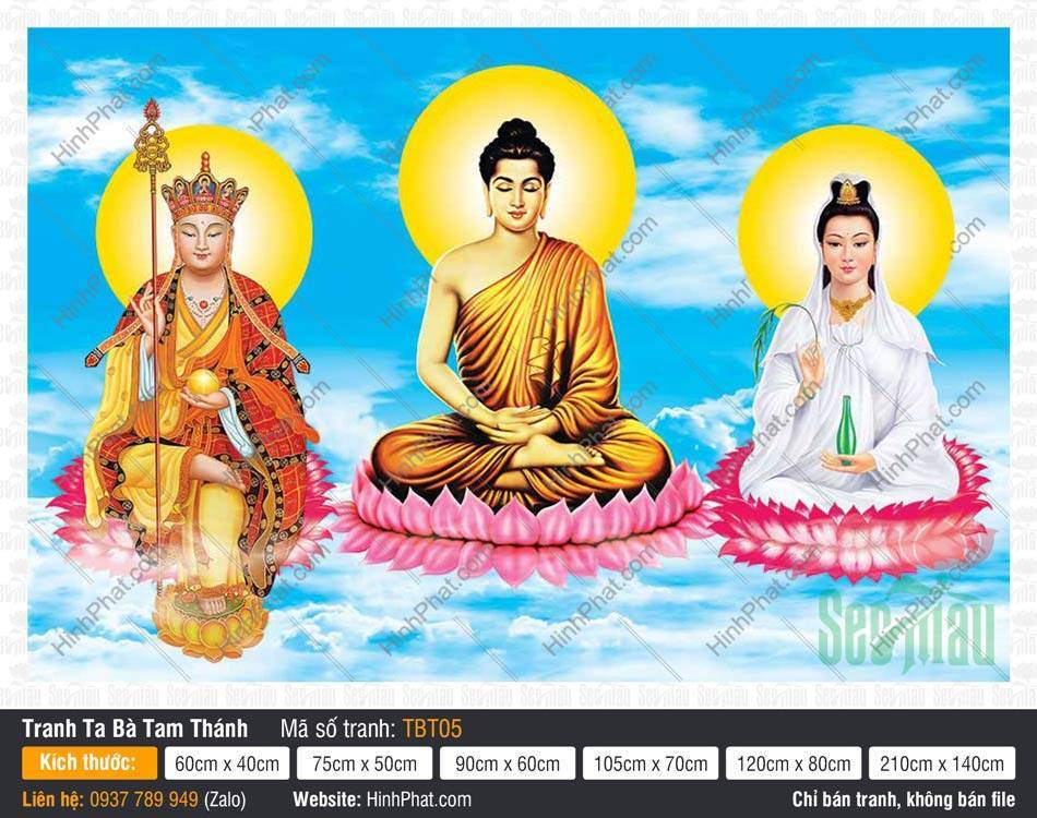 Sa Bà Tam Thánh, Phật Thích Ca Quan Âm Bồ Tát Địa Tạng Bồ Tát TBT05 Sa Bà Tam Thánh, Phật Thích Ca Quan Âm Bồ Tát Địa Tạng Bồ Tát TBT05 giữa nền trời xanh