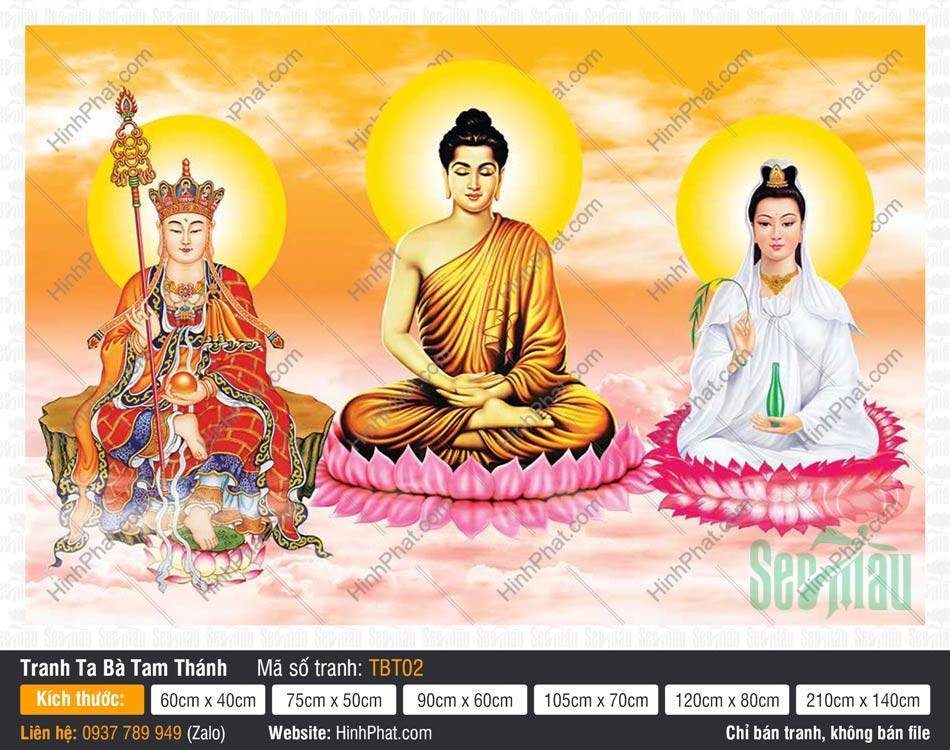 Sa Bà Tam Thánh TBT02 Sa Bà Tam Thánh TBT02 khắc họa ba Đấng ngự tọa đài sen hồng rực rỡ